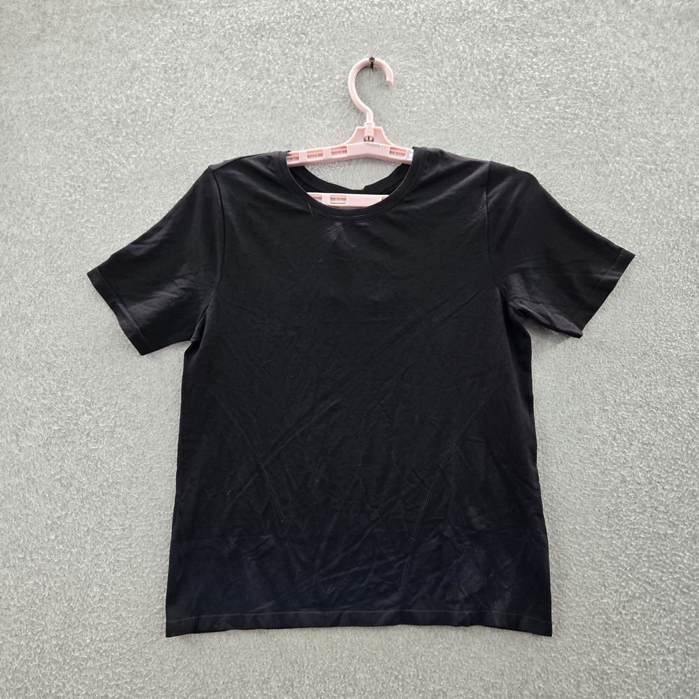Fabletics Women Shirt M Black Nylon Blend Heather Feather Tech Short Sleeve NWT